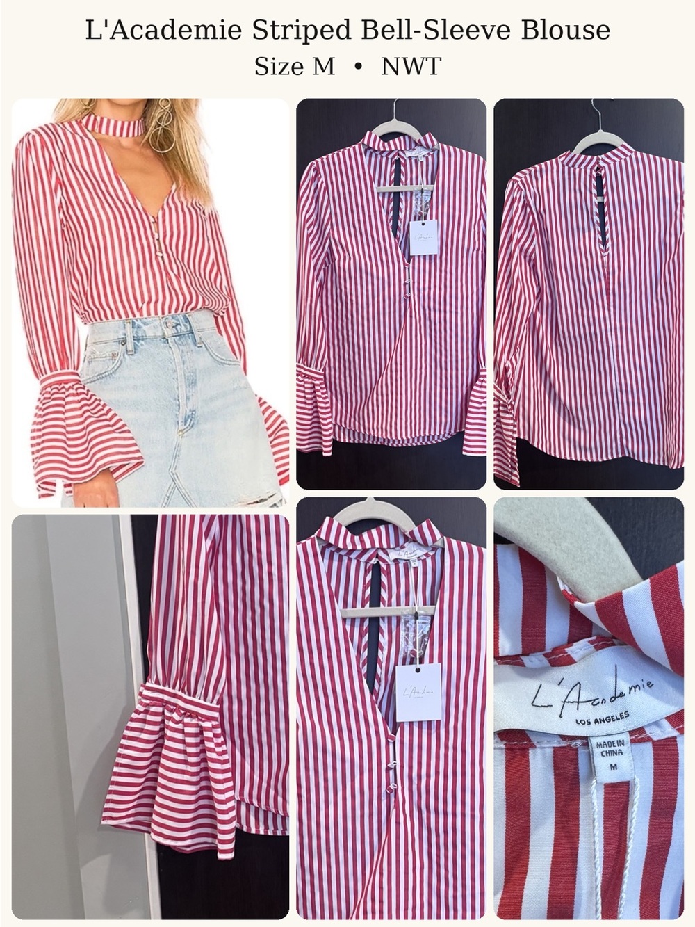 L'Academie Red and White Vertical-Stripe Bell Sleeve Blouse